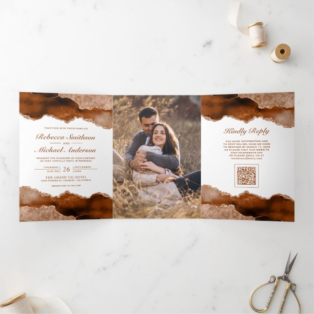 Invitation Trois Volets Code QR de mariage photo en marbre d'agate orange  (Intérieur)