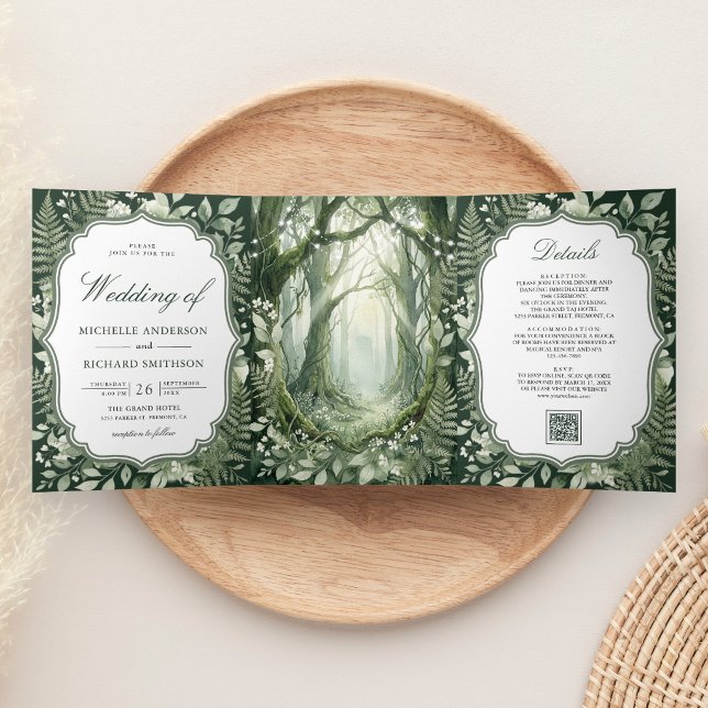 Invitation Trois Volets Code QR de mariage photo forêt enchantée aquarelle (Créateur téléchargé)