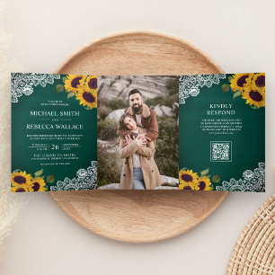 Invitation Trois Volets Code QR de mariage Photo Tournesol Dentelle Bois V