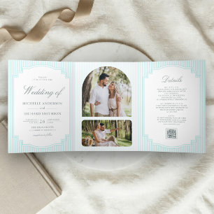 Invitation Trois Volets Code QR de mariage rayé bleu pastel classique