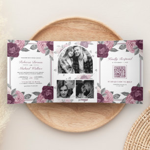 Invitation Trois Volets Code QR de mariage Rose Mauve Violet Rose Pâle Élé