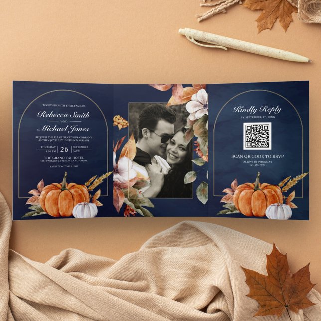 Invitation Trois Volets Code QR de mariage rustique boho citrouille marine (Créateur téléchargé)