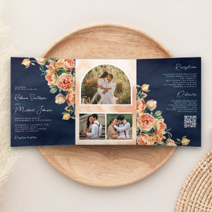 Invitation Trois Volets Code QR de mariage rustique terreux pêche floral m