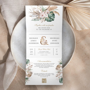 Invitation Trois Volets Code QR de mariage tropical Monstera Bohème Pampas