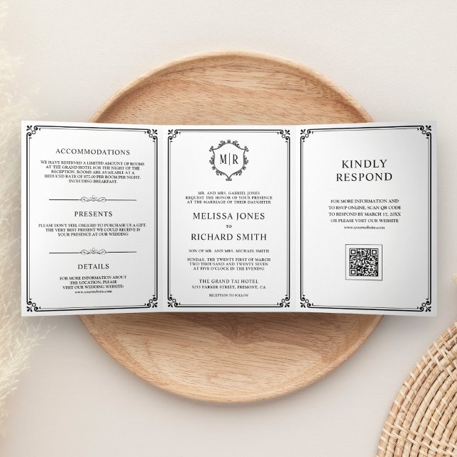 Invitation Trois Volets Code QR de monogramme classique blanc et noir pour (Créateur téléchargé)