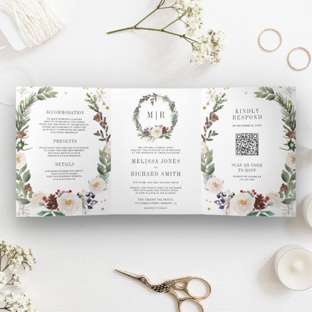 Invitation Trois Volets Code QR de monogramme floral de Noël rustique pour (Créateur téléchargé)