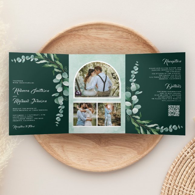 Invitation Trois Volets Code QR de photo de branche d'eucalyptus Mariage é (Créateur téléchargé)