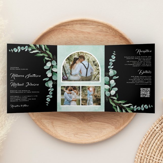 Invitation Trois Volets Code QR de photo de branche d'eucalyptus mariage n (Créateur téléchargé)