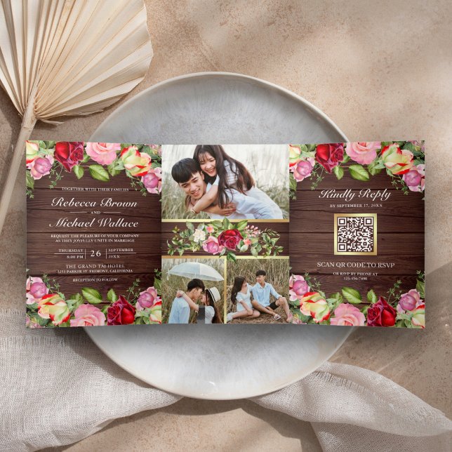 Invitation Trois Volets Code QR de roses roses et rouges romantiques Maria (Créateur téléchargé)