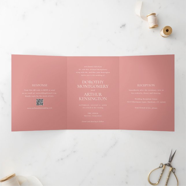 Invitation Trois Volets Code QR Élégant Rose Corail Moderne pour Mariage (Intérieur)