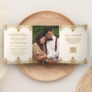 Invitation Trois Volets Code QR Ethnique Mariage Indien Damassé Marron Ivo