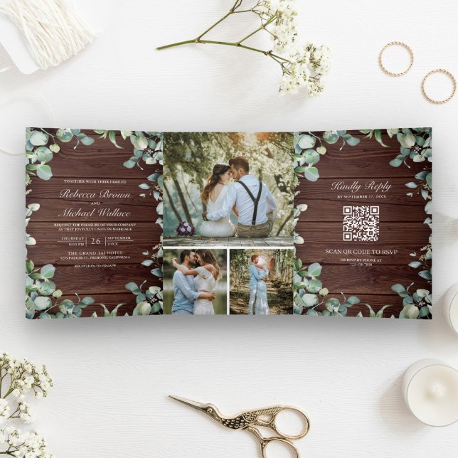 Invitation Trois Volets Code QR Eucalyptus Moderne Bois Rustique Mariage (Créateur téléchargé)