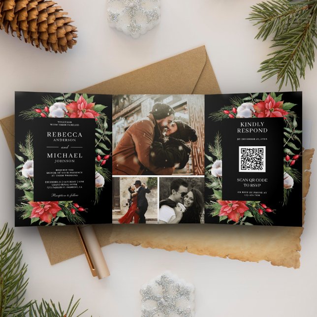 Invitation Trois Volets Code QR Euphorbe rustique Noël Mariage Noir (Créateur téléchargé)