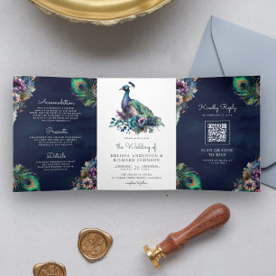 Invitation Trois Volets Code QR Fleur de Paon Floral Bleu Marine Mariage