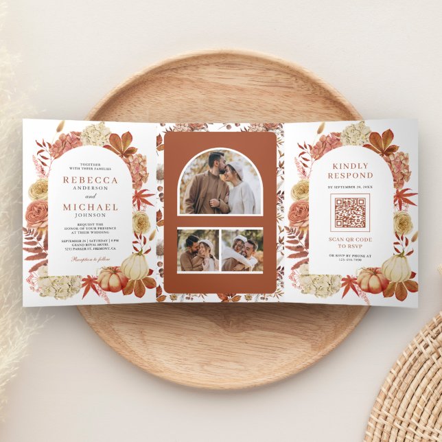 Invitation Trois Volets Code QR Fleurs Citrouille en Terre Cuite Mariage (Créateur téléchargé)