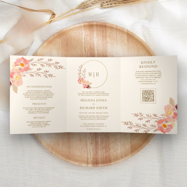 Invitation Trois Volets Code QR Fleurs de Péché Bohème Mariage Ivoire (Créateur téléchargé)