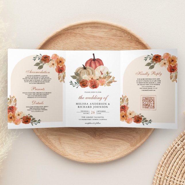 Invitation Trois Volets Code QR Fleurs Orange Brûlée Terreuse Mariage Citr (Créateur téléchargé)
