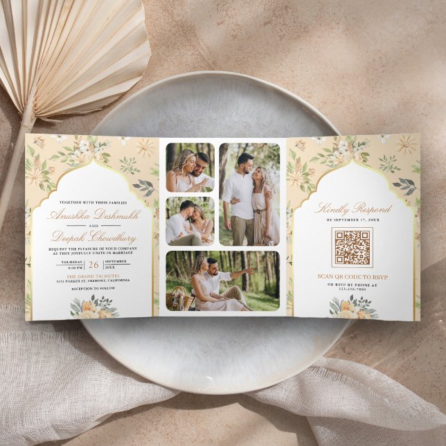 Invitation Trois Volets Code QR Fleurs Pastel Peach Mariage Indien (Créateur téléchargé)