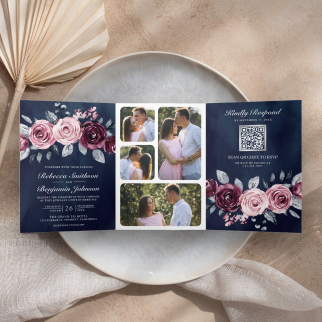 Invitation Trois Volets Code QR Fleurs Rose Poussiéreux Violet Mariage Nui (Créateur téléchargé)