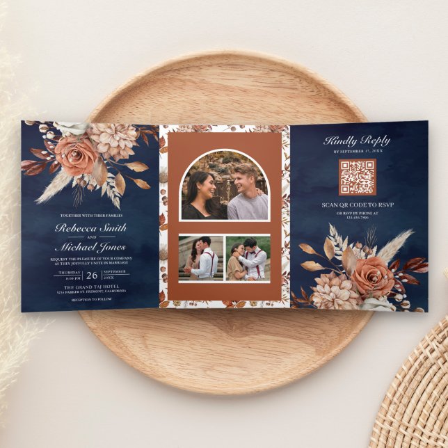 Invitation Trois Volets Code QR Fleurs Terracotta Mariage Navy Tout en Un (Créateur téléchargé)