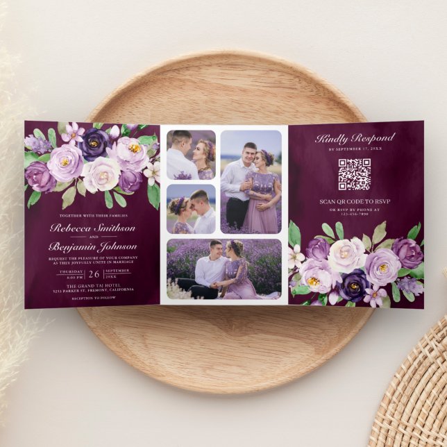 Invitation Trois Volets Code QR Fleurs Violettes Mariage Foncé Plum (Créateur téléchargé)