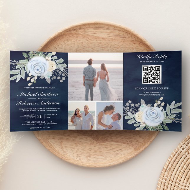 Invitation Trois Volets Code QR Floral Bleu Poussiéreux Mariage Navy (Créateur téléchargé)