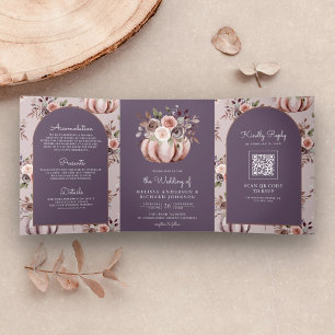 Invitation Trois Volets Code QR Floral Citrouille Neutre Mariage Violet Cl