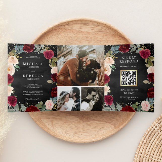 Invitation Trois Volets Code QR Floral de pêche de Bourgogne Mariage Noir (Créateur téléchargé)