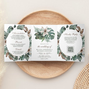 Invitation Trois Volets Code QR Floral Feuilles Tropicales Aquarelle Maria