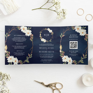 Invitation Trois Volets Code QR Floral Magnolia Blanc Rustique Mariage Nav