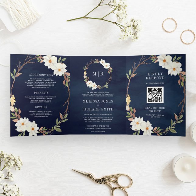 Invitation Trois Volets Code QR Floral Magnolia Blanc Rustique Mariage Nav (Créateur téléchargé)