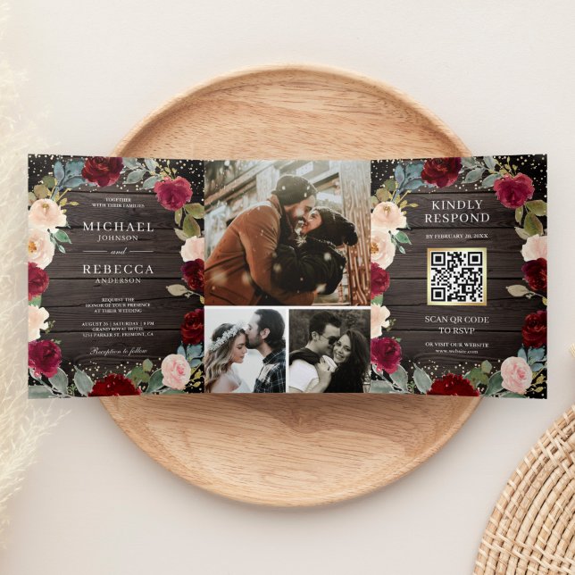 Invitation Trois Volets Code QR Floral Mariage Bois de Grange Pêche Bourgo (Créateur téléchargé)