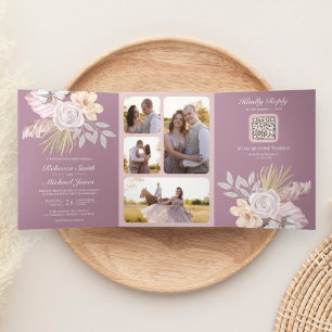 Invitation Trois Volets Code QR Floral Mariage Rose Mauve Poussiéreux Rust