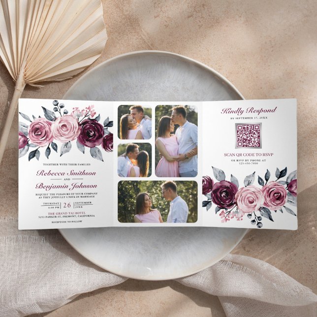 Invitation Trois Volets Code QR Floral Mariage Rose Poussiéreux Prune Viol (Créateur téléchargé)