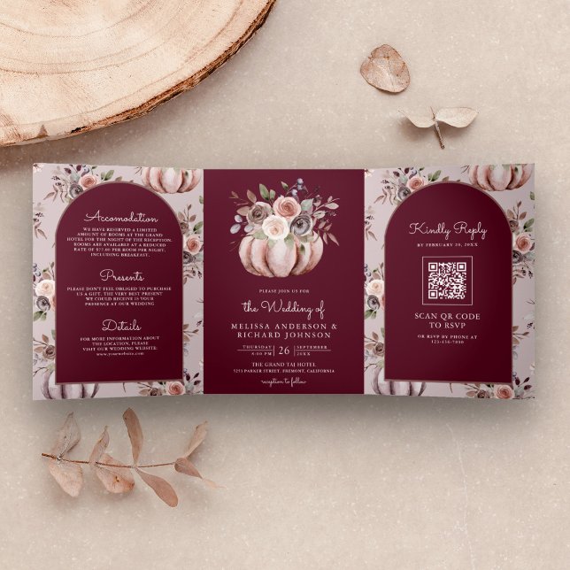 Invitation Trois Volets Code QR Floral Neutre Citrouille Bordeaux Mariage (Créateur téléchargé)