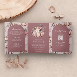 Invitation Trois Volets Code QR Floral Neutre Citrouille Rose Poussiéreuse