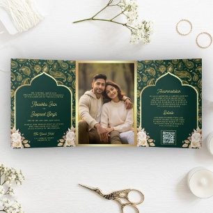 Invitation Trois Volets Code QR floral paisley or émeraude mariage indien