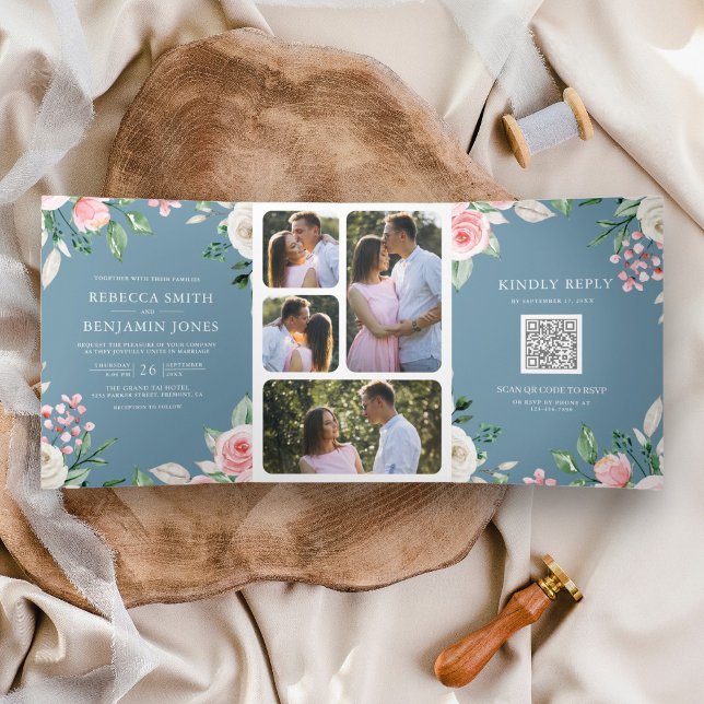 Invitation Trois Volets Code QR Floral Rose Pâle Bleu Poussiéreux Mariage (Créateur téléchargé)