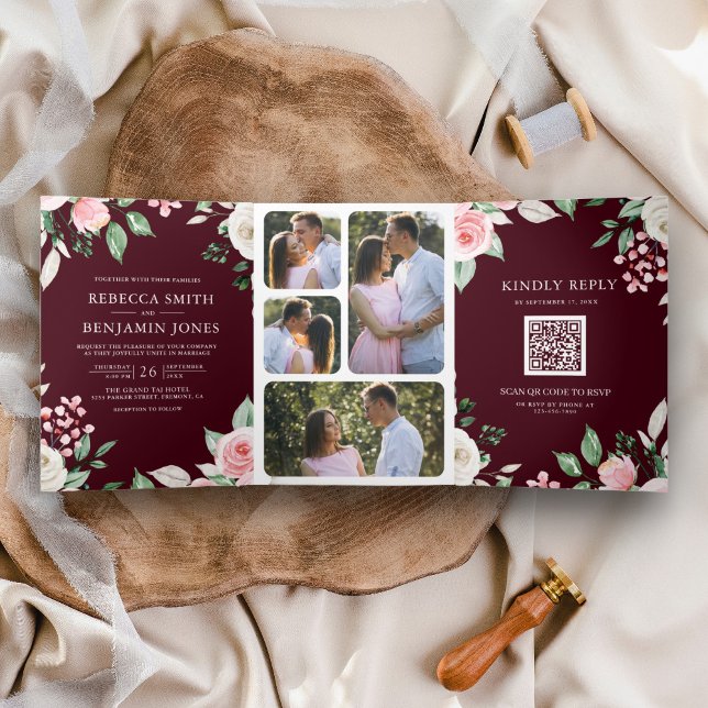 Invitation Trois Volets Code QR Floral Rose Pâle Bourgogne Mariage (Créateur téléchargé)