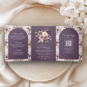Invitation Trois Volets Code QR Floral Taupe Neutre Mariage Violet Poussié