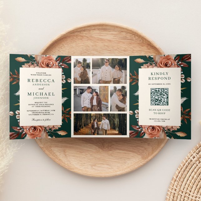 Invitation Trois Volets Code QR floral terracotta crème mariage émeraude (Créateur téléchargé)