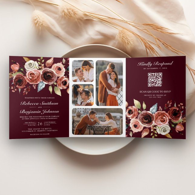 Invitation Trois Volets Code QR Floral Terracotta Mariage Bordeaux (Créateur téléchargé)