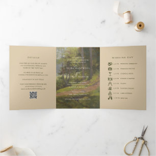 Invitation Trois Volets Code QR Forêt Rustique Élégant Mariage