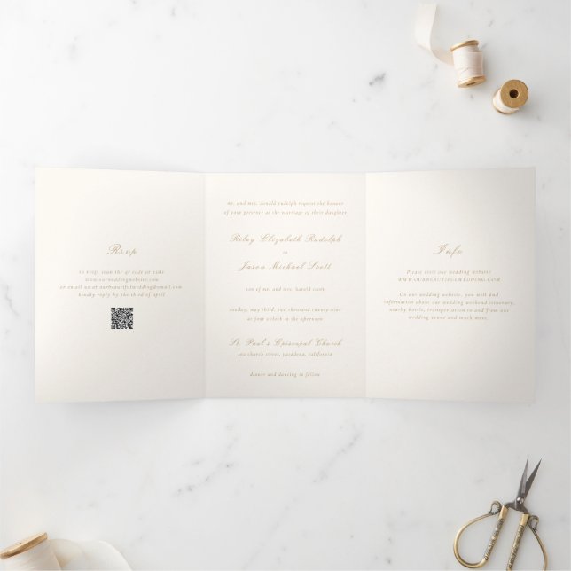 Invitation Trois Volets Code QR Ivoire et Or Propre Mariage Élégant (Intérieur)