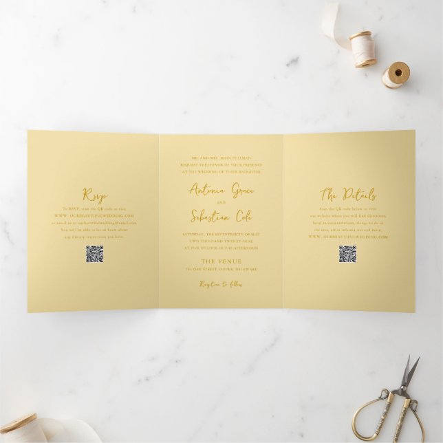 Invitation Trois Volets Code QR Jaune Beurre Élégant Mariage Moderne (Intérieur)