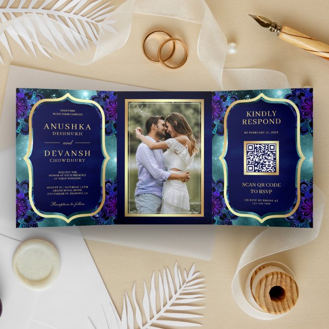 Invitation Trois Volets Code QR Mandala Bleu Galaxie Sarcelle Mariage Indi (Créateur téléchargé)