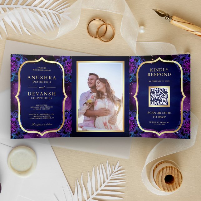 Invitation Trois Volets Code QR Mandala Bleu Galaxie Violette Mariage Indi (Créateur téléchargé)