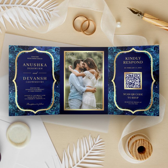 Invitation Trois Volets Code QR Mandala Galaxie Bleu Royal Mariage Indien (Créateur téléchargé)
