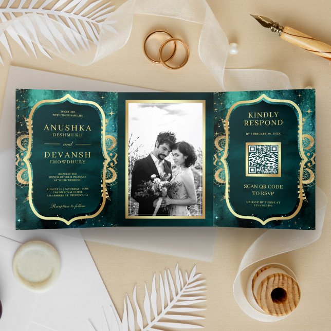 Invitation Trois Volets Code QR Mandala Or Galaxie Sarcelle Mariage Indien (Créateur téléchargé)