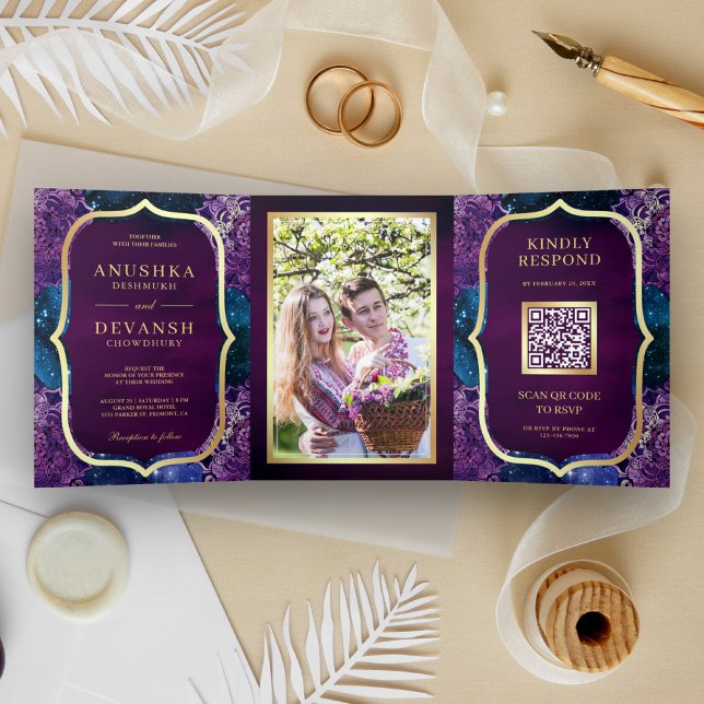 Invitation Trois Volets Code QR Mandala Violet Galaxie Bleue Mariage Indie (Créateur téléchargé)